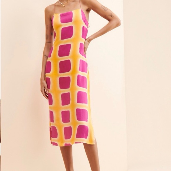 Anthropologie Dresses & Skirts - Anthropologie Pink and Yellow Square-Print Midi Slip Dress